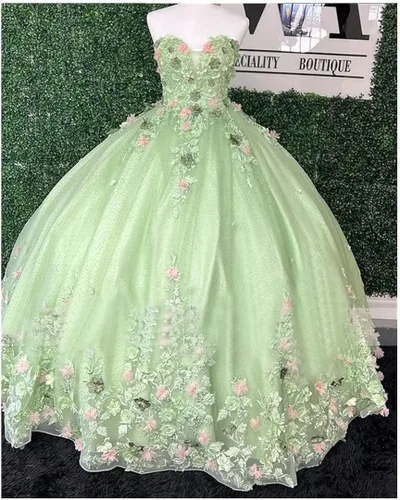 Vista 4 de XYAYE Vestidos de quinceañera de novia para mujer, vestidos de baile de flores en 3D, vestido de fiesta de encaje, sin tirantes, de tul dulce 15 16