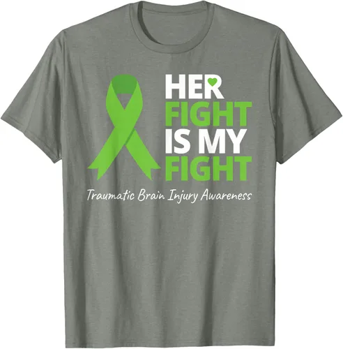 Vista 24 de Camiseta con cinta verde de la conciencia de la TBI, con texto en inglés "Her Fight Is My Fight" Jaspeado Oscuro