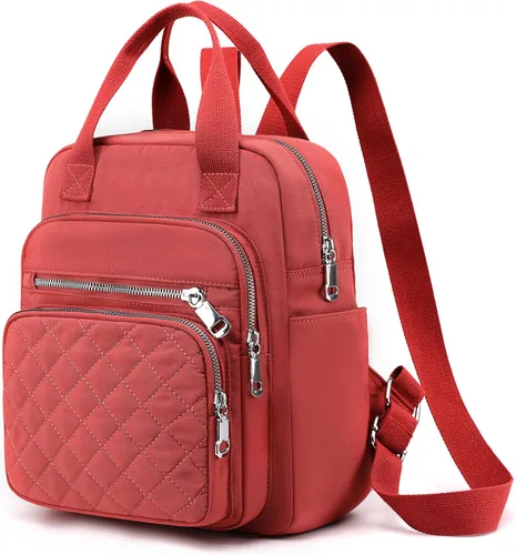 Vista 10 de Mochila pequeña para mujer, casual, acolchada, cuadrada, impermeable, con múltiples bolsillos, ligera, asa superior, Negro, Pequeño, Mochilas