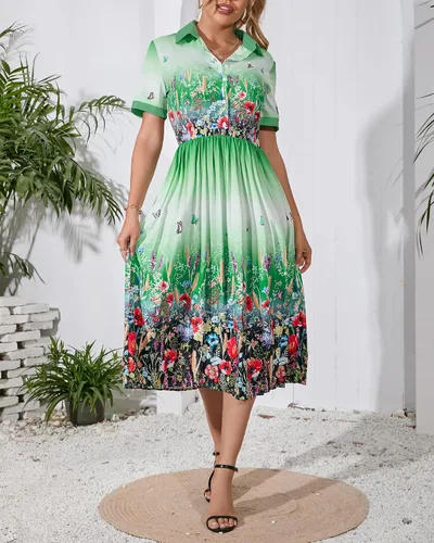 Vista 4 de VERWIN solapa manga tres cuartos hasta la rodilla plisado floral vestido de mujer