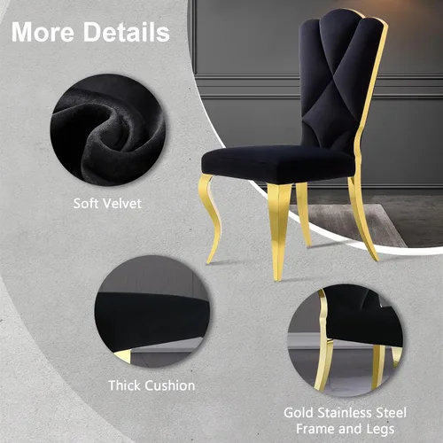 Vista 4 de Juego de 2 sillas de comedor de terciopelo negro y dorado, sillas de cocina tapizadas con respaldo alto con patas de acero inoxidable pulido, sillas