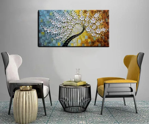 Vista 2 de YaSheng Art - Pintura al óleo de arte contemporánea hecha a mano de flores blancas en lienzo con textura 3D, pinturas de árbol abstractas