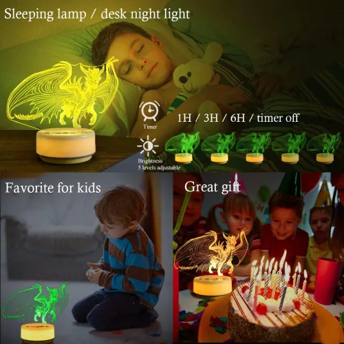 Vista 5 de Luz nocturna de dragón para niños, regalo de dragón para niños y adultos, lámpara de noche decorativa para dormitorio/oficina, 5 botones y control