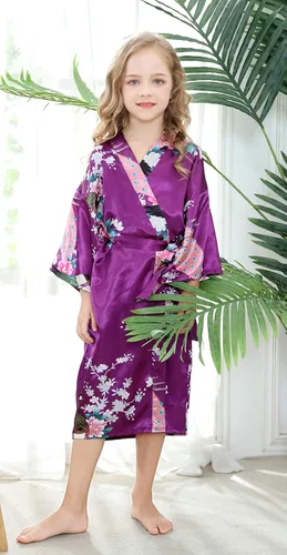 Vista 3 de TIMSOPHIA Bata de baño floral de satén para niños, bata de baño para boda, spa, fiesta, regalos, lencería nupcial, ropa de dormir, bata de baño