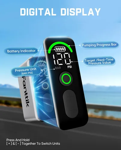 Vista 5 de Fanttik X10 Ace Tiny Mini bomba eléctrica para bicicleta, bomba de aire compacta de 120 PSI con válvula Presta y Schrader, bomba eléctrica