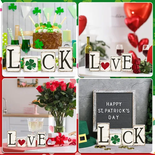 Vista 7 de Whaline 4 letreros de madera para el día de San Patricio, diseño rústico de trébol de la suerte del amor, centro de mesa con forma de corazón