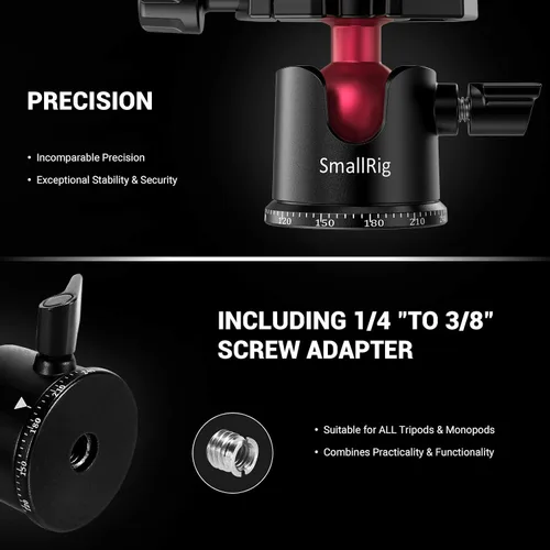 Vista 3 de SmallRig Mini Cabeza de Bola, Cabeza de Trípode para Cámara Panorámica 360° con Tornillo de 1/4" y Montaje de Rosca de 3/8" y Placa de Liberación