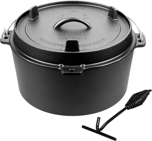 Vista 7 de EDGING CASTING Olla holandesa de hierro fundido pre-curada con tapa de sartén, olla profunda para acampar al aire libre para chimenea, cocina