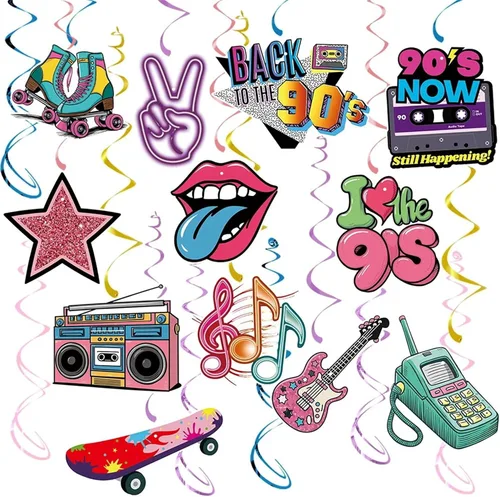Vista 5 de Decoraciones de fiesta temática de los años 90, remolinos colgantes retro con cassette, boombox, patín de ruedas, notas musicales, 24 piezas