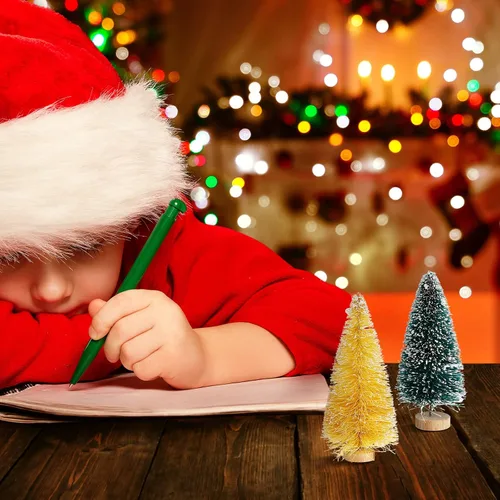 Vista 5 de Mini árboles de Navidad artificiales, cepillo para botellas, árboles helados de nieve con base de madera, árboles de mesa de plástico, adornos