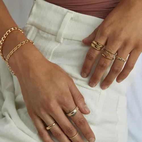 Vista 2 de Anillo de lágrima de cúpula chapada en oro de 18 quilates, ajustable, de bambú, de alto pulido, grueso, cómodo, anillo abierto, joyería minimalista