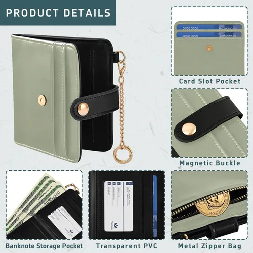 Vista 5 de Burbuja Sage Green Solid Color Womens Wallet Slim PU Leather Wallet with RFID Blocking, Bifold Zipper Coin ID Window Holder for Ladies