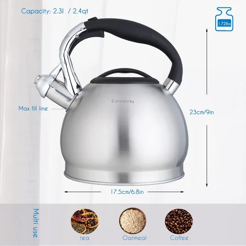 Vista 2 de Easyworkz Hervidor de té silbante de acero inoxidable de grado alimenticio con silbato fuerte, 2.4 cuartos de galón (2.3 l)