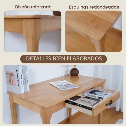 Vista 7 de Escritorio de madera maciza con cajones, escritorio de computadora de madera para oficina en casa, escritorio de estudio de juegos para espacios