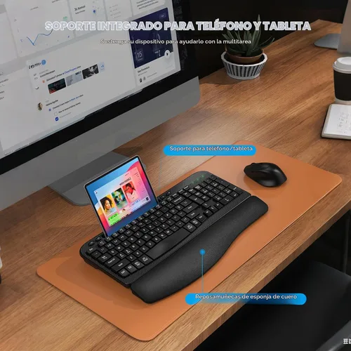 Vista 8 de Juego de teclado y mouse inalámbrico, teclas de onda de tamaño completo, teclado ergonómico con reposa muñecas acolchado, soporte para teléfono