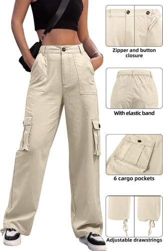 Vista 5 de ZMPSIISA Pantalones cargo de cintura alta para mujer, pantalones casuales de pierna ancha, 6 bolsillos, pantalones militares de combate