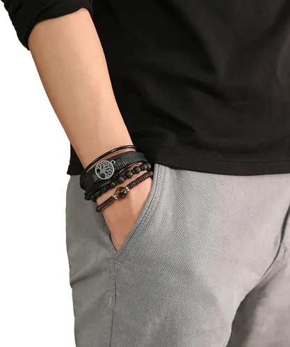 Vista 2 de HZMAN Pulseras de cuero genuino con diseño de árbol de la vida para hombres y mujeres, diseño de ojo de tigre, piedra natural, cuentas de roca