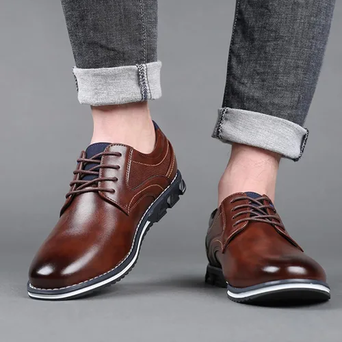 Vista 6 de Zapatos Oxford planos de cuero para hombre, zapatos casuales con cordones, zapatos de moda para caminar, negocios, oficina, fiesta, mocasines cómodos