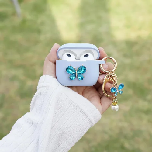 Vista 4 de Wonhibo Funda para Airpods 3, bonita funda de diseño azul mariposa para Airpod 3ª serie 3 tercera generación 2021 con llavero