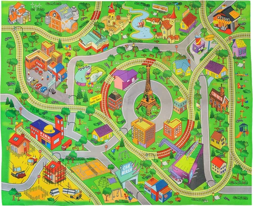 Vista 5 de Alfombra de juego infantil de doble cara con trenes, coches, carreteras, ciudad