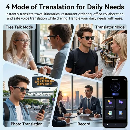 Vista 4 de Lentes de traducción Bluetooth inalámbricos inteligentes AI para hombres/mujeres con altavoces/Bluetooth y más de 140 idiomas traducción