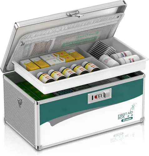 Vista 9 de Caja de seguridad para medicamentos con código, caja organizadora de medicamentos de aleación de aluminio de 2 capas con bandeja extraíble, caja