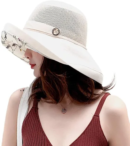 Vista 9 de Sombrero de malla para el sol para mujer, plegable, de ala ancha, protección UV, protección UV, para playa, con correa para la barbilla