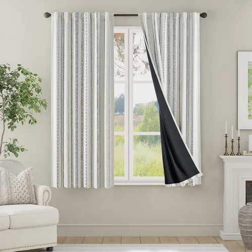 Vista 25 de jinchan - Cortinas bohemias 100% blackout de 54 pulgadas de largo para dormitorio, estampado geométrico negro sobre beige, con ojales