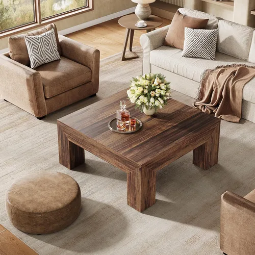 Vista 4 de Tribesigns Mesa de centro de 39.4 pulgadas cuadrada para sala de estar, mesa de té y cóctel estilo granja toda de MDF con patas de madera Marrón