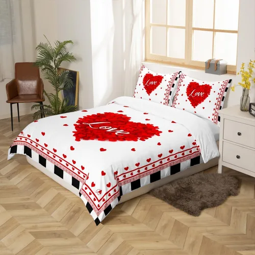 Vista 5 de Manfei Juego de funda de edredón de amor tamaño individual, funda de edredón con estampado de corazón rojo con 1 funda de almohada, juego de ropa