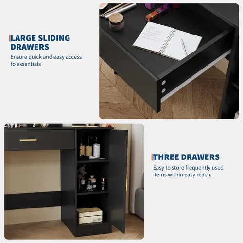 Vista 4 de GarveeHome Tocador con espejo, iluminación ajustable de tres niveles, incluye cajón, toma de corriente y taburete, tocador compacto para dormitorios