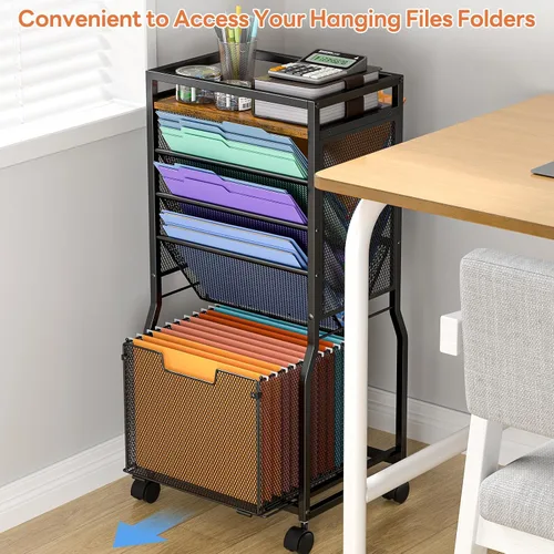 Vista 7 de DAOUTIME Carrito de archivos rodante de 8 niveles con organizador de carpetas de archivos colgante, organizador de archivos móvil con estantería