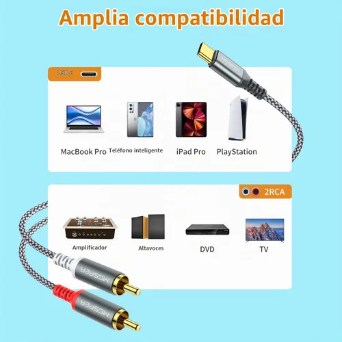 Vista 5 de Cable de audio USB C a 2 RCA, 6.6 pies tipo C a RCA macho a macho y RCA Splitter RCA 2RCA Jack Cable de audio USB-C para teléfono, tableta, cine