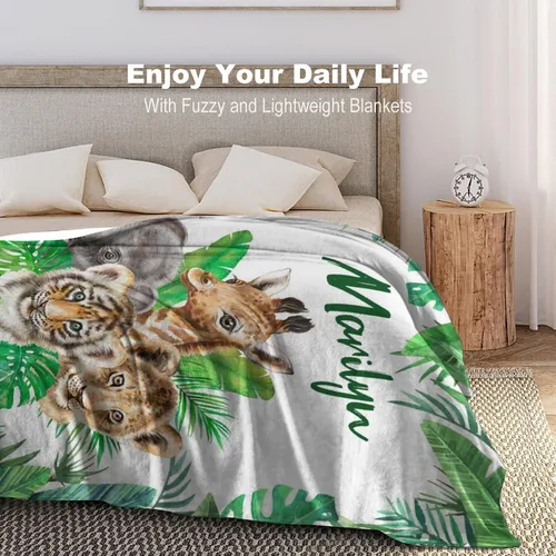 Vista 3 de Manta de bebé personalizada para niñas con nombre, manta de bebé personalizada con nombre de animales del bosque, manta de forro polar con nombre