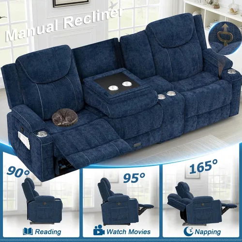 Vista 5 de Dresegmt Sofá reclinable, 2 vías multifunción manual de 3 plazas con portavasos, almacenamiento y puertos USB, moderno sofá multifuncional, sofá