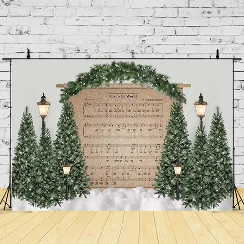 Vista 2 de Telón de fondo de fotografía de árbol de Navidad, decoración de partitura musical para niños, decoración de cumpleaños, retrato de invierno, escena