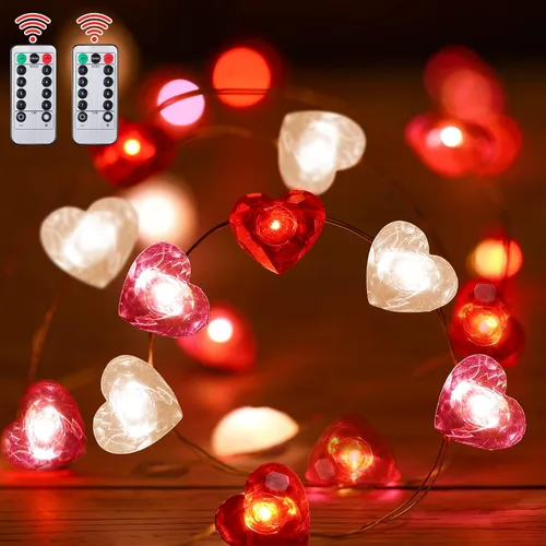 Vista 8 de Hiboom 2 tiras de luces de corazón para el día de San Valentín con temporizador de 10 pies, 30 luces LED en forma de corazón, 8 modos de Rojo