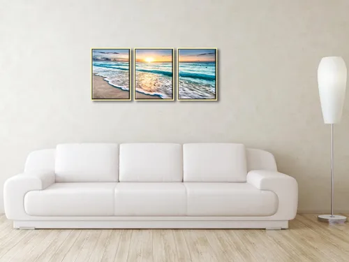 Vista 4 de Wieco Art Lienzo enmarcado para pared, 3 paneles de playa azul para decoración del hogar, puesta de sol, olas de playa, imágenes sobre lienzo