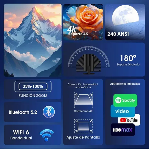 Vista 2 de Mini proyector con WiFi y Bluetooth Aplicaciones incorporadas Proyector inteligente Soporte 4K 1080P FHD 180° ajustable Keystone automático Negro