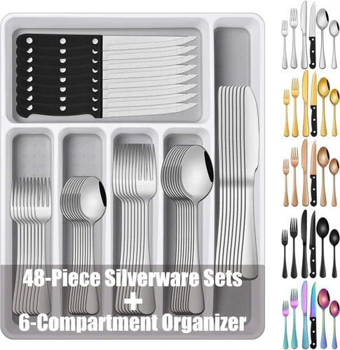 Vista 10 de Juego de 49 piezas de cubiertos de acero inoxidable negro con organizador, juego de cubiertos negros con cuchillos para carne para 8 personas, juego