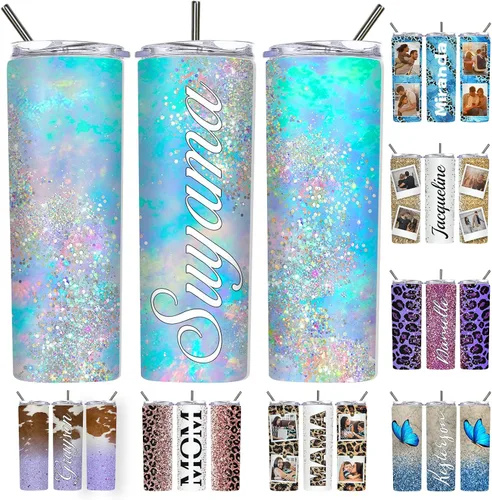Vista 41 de Vaso delgado personalizado con purpurina con tapas y popotes, nombres, vasos de acero inoxidable personalizados con imagen para mujeres, hombres
