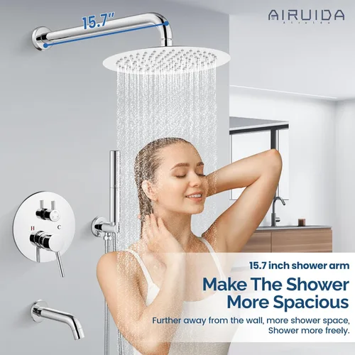 Vista 3 de Airuida Sistema de ducha con boquilla de bañera, cabezal de ducha redondo de 10 pulgadas con 2 funciones, ducha de mano, montaje en pared, juego