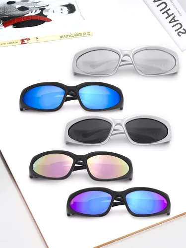 Vista 7 de knliwkm Gafas de sol deportivas envolventes plateadas Y2K futuristas ovaladas para mujeres y hombres 2022 a la moda