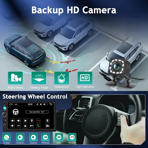 Vista 6 de NHOPEEW Estéreo de auto doble DIN de 7 pulgadas con cámara de respaldo, radio de pantalla táctil de 2 DIN con enlace de espejo con cable, Bluetooth