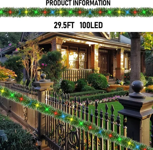Vista 3 de TW SHINE - Guirnalda de Navidad preiluminada de 9,1 m, decoraciones con 100 luces LED, guirnaldas artificiales de pino con 8 modos, guirnalda verde
