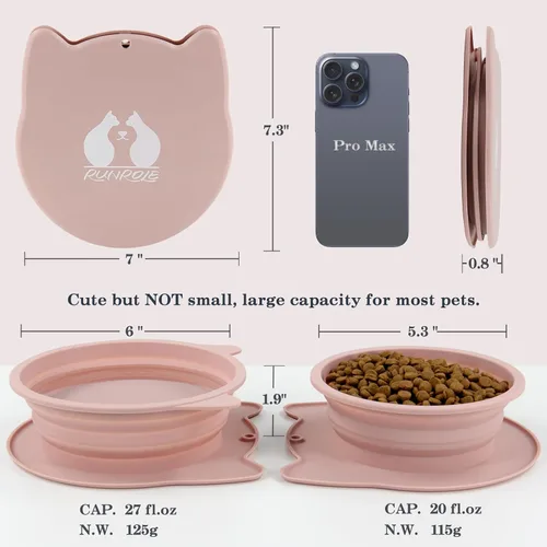 Vista 2 de RUNROLE Cuencos plegables de silicona 2 en 1 para viaje, se juntan y usan por separado, cuencos portátiles para agua y alimentos para mascotas, Rosa