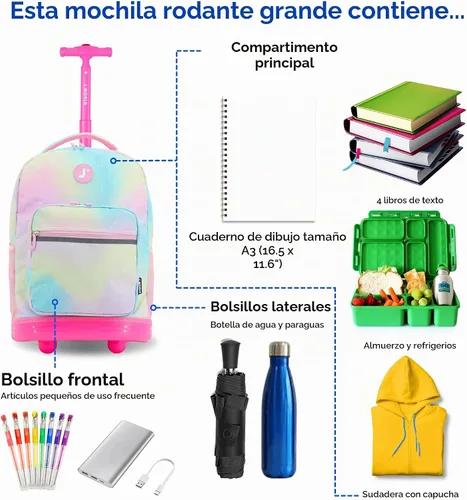 Vista 3 de J World Sunrise Kids - Mochila con ruedas para niñas y niños. Mochila con ruedas para la escuela, Aurora, 18 pulg