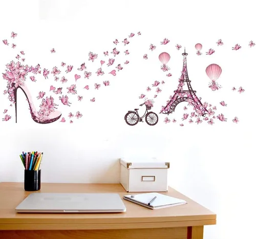Vista 5 de Calcomanías de pared románticas para decoración de pared con diseño de mariposa y corazón y mariposas, diseño de torre de París, globo aerostático