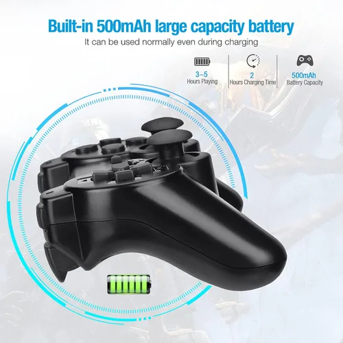 Vista 5 de Powerextra Wireless Controller Compatible with PS-3 2 Pack High Performance Gaming Controller with Upgraded Joystick for Play-Station 3 Black