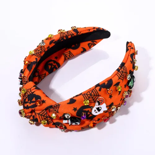 Vista 4 de Diadema ancha con nudo superior y cuentas de perlas de cristal, adorno de calabaza y caramelo de calabaza, accesorio de Halloween para mujer